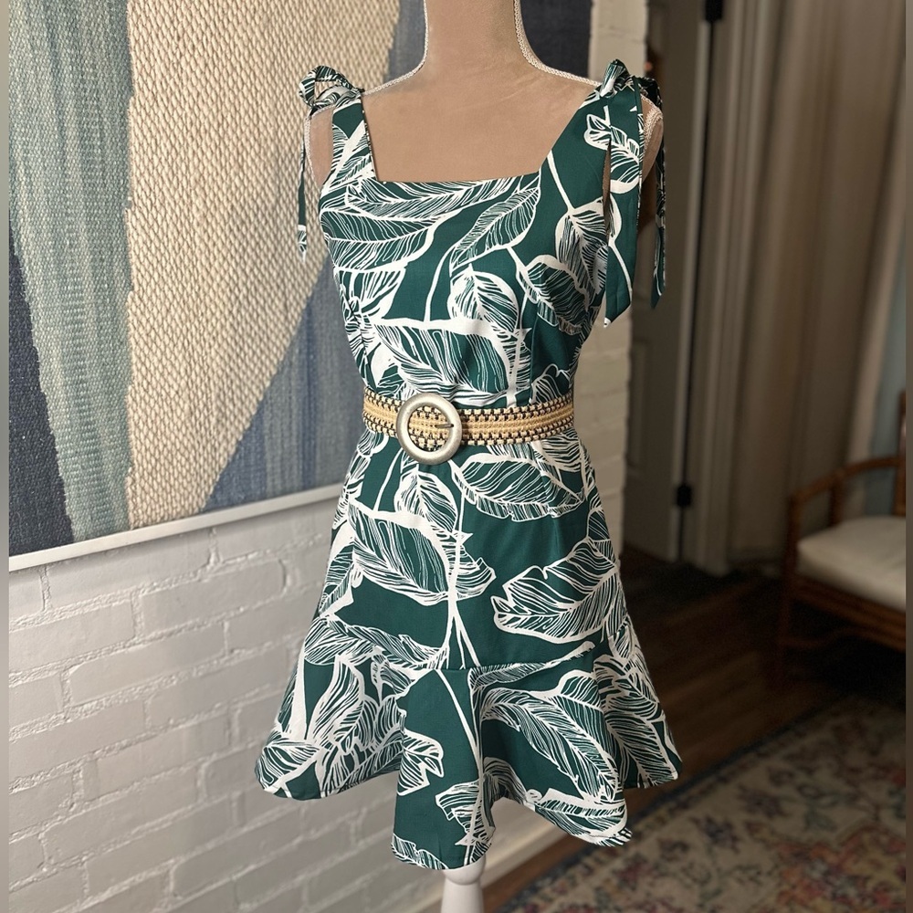 Teal Leaf-Print Tie-Strap Mini Dress - Picture 2 of 12